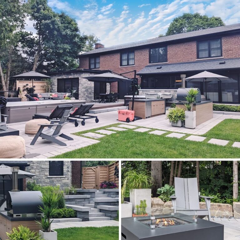 Level Above landscape renovation: Whitby backyard featuring stone patio, garden beds, and complete hardscaping.