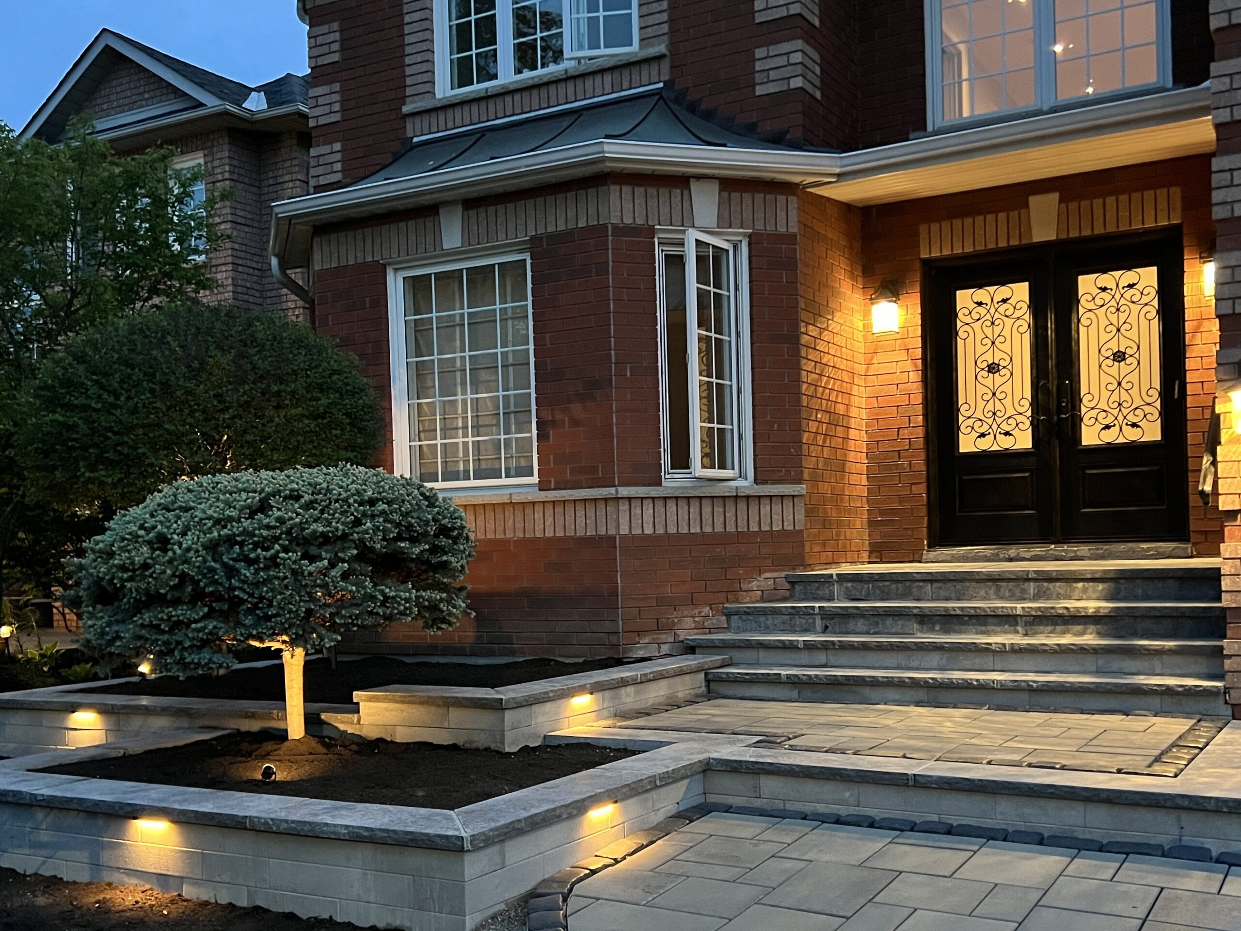 Interlocking stone front steps and entryway installed by Level Above in Courtice, ON, boosting home curb appeal.