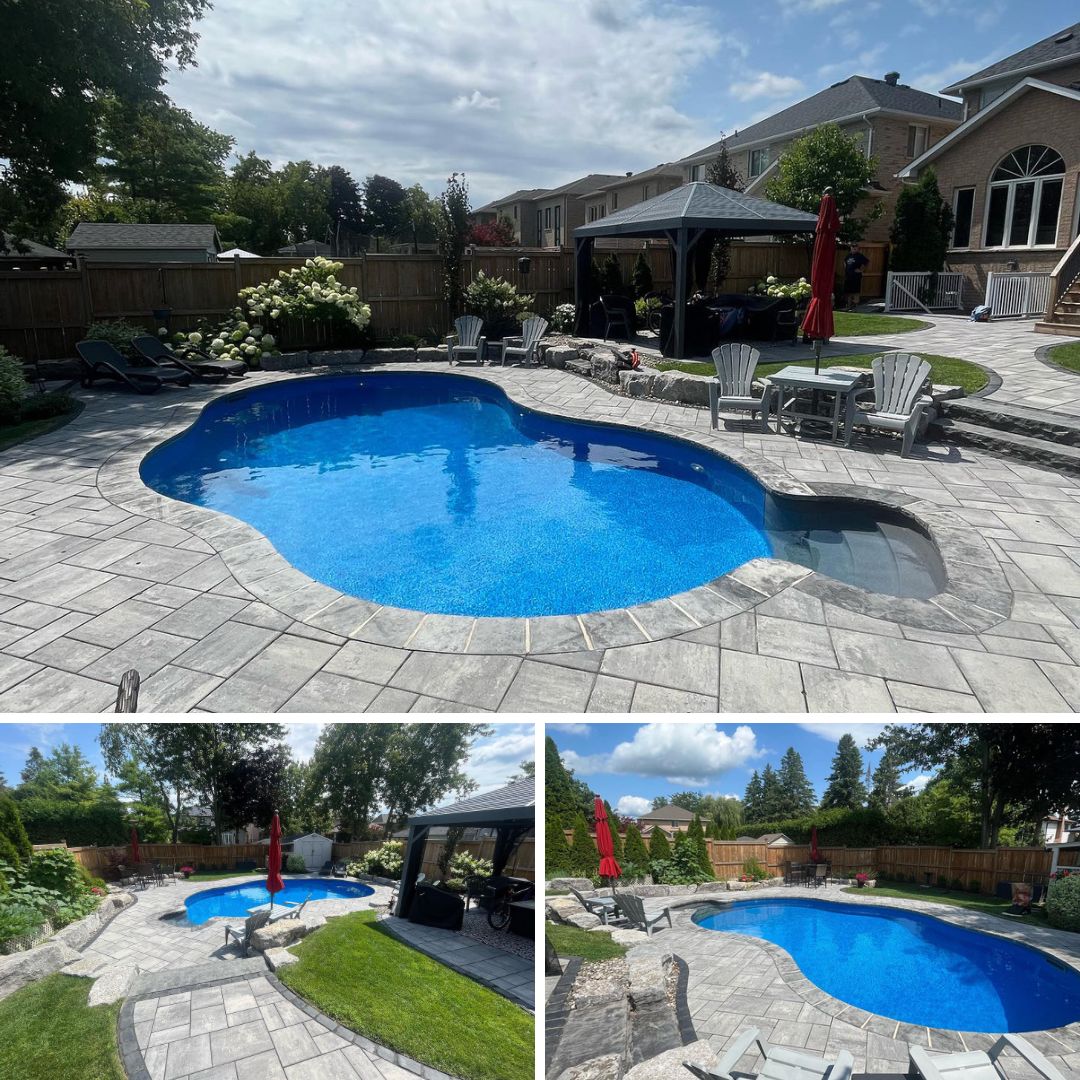 Level Above installed backyard pool & custom interlock patio surround in Oshawa, Ontario.